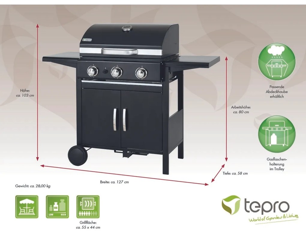 Tepro 3152 Grătar cu gaz Mayfield 3, 3 arzătoare,127 x 58 x 103 cm