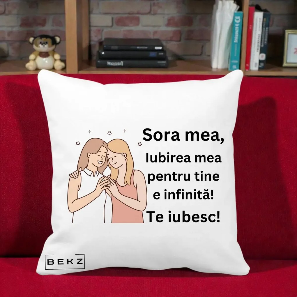 Cadou pentru Sora - Perna Personalizata Sora Mea Te Iubesc Imbratisare cu Sclipiri, 40x40 cm, Alba Mata, Husa Detasabila, Perna Inclusa, BEKZ®