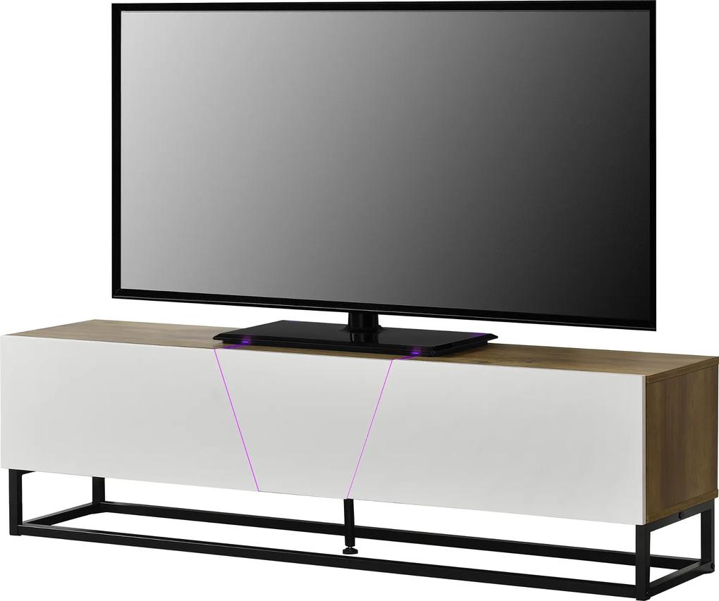 [en.casa]® Comoda TV cu LED AANT-0330, 140 x 35 x 41 cm, MDF/metal, cu 2 dulapuri, culoarea lemnului, alb lucios, negru