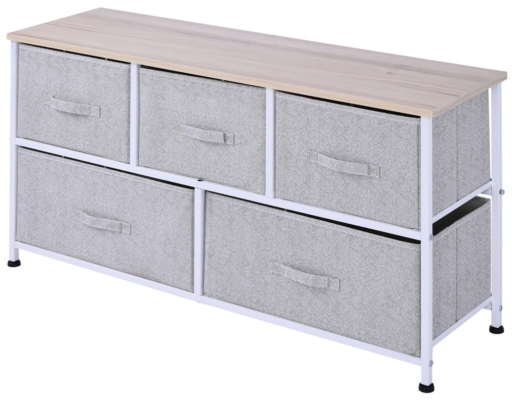 HOMCOM Comodă mobilier de depozitare 100 x 30 x 54 cm 5 sertare netesut gri structură oțel alb lemn deschis | Aosom Romania
