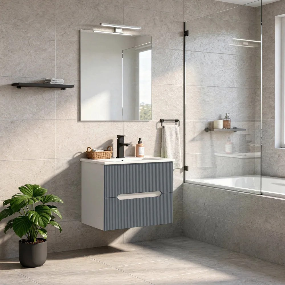 Trent mobilier de baie 60 cm lavoar ceramic (2 sertare) cu oglindă 60x80 cm alb-antracit gri