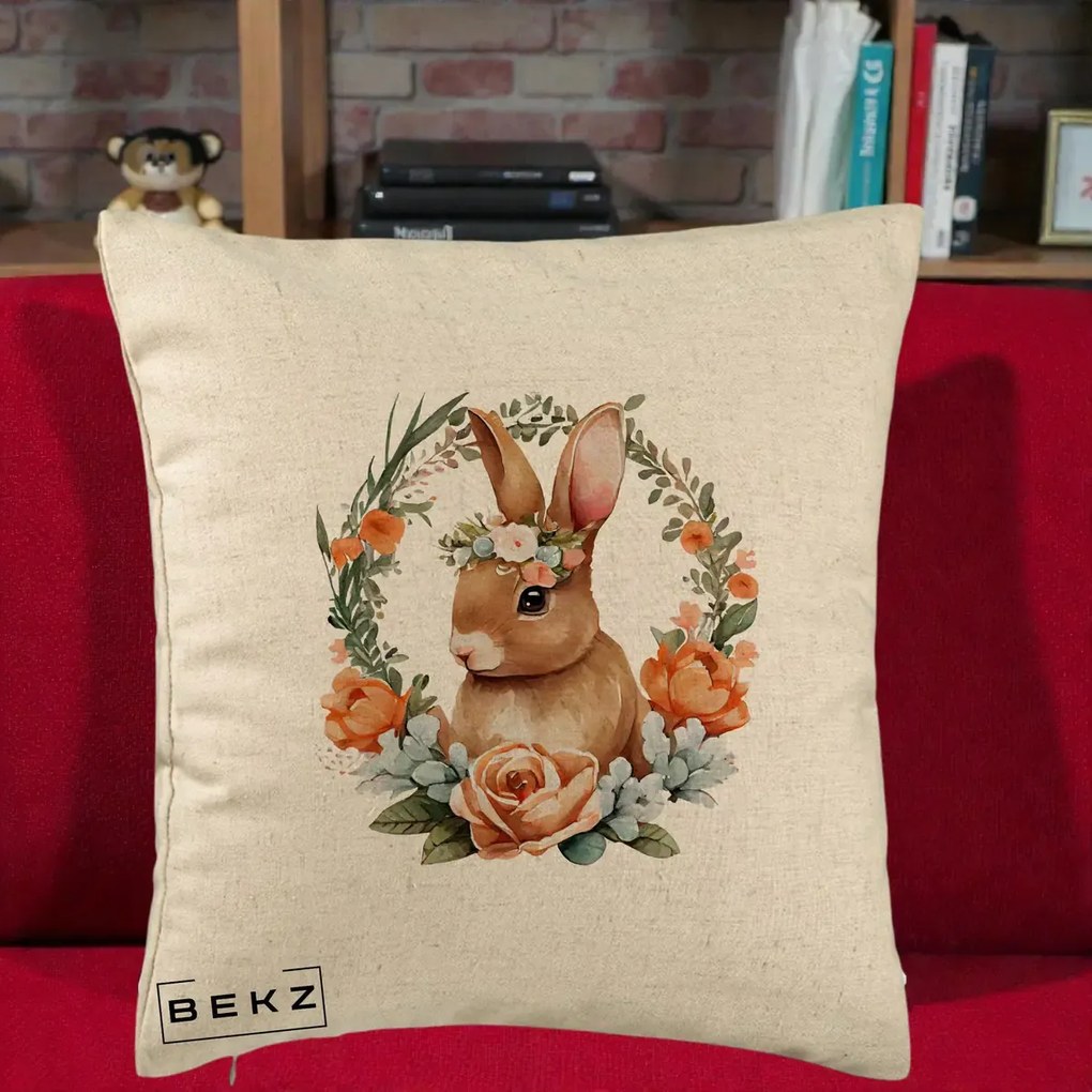 Perna Decorativa Iepuras Floral Coronita Acuarela, 40x40 cm, Bej, Husa Detasabila, Perna Inclusa, BEKZ®