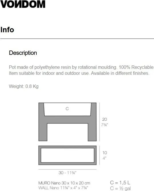 Ghiveci plante design decorativ modern interior / exterior NANO MURO 10x30x20cm