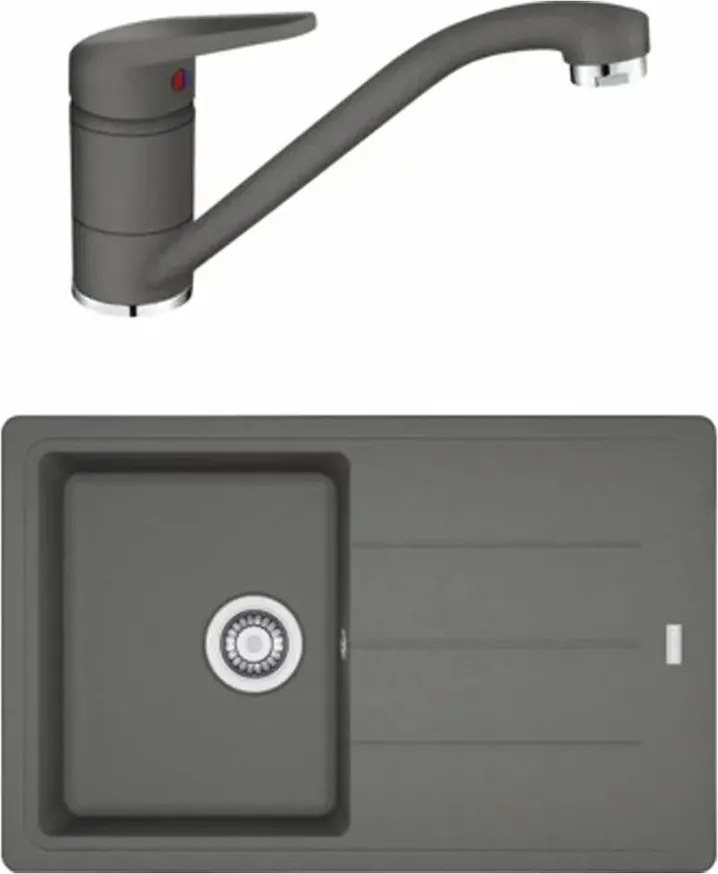 Set chiuveta bucatarie compozit Franke Basis 1 cuva cu picurator 78x50 cm finisaj Stone Grey mat cu baterie Novara Plus
