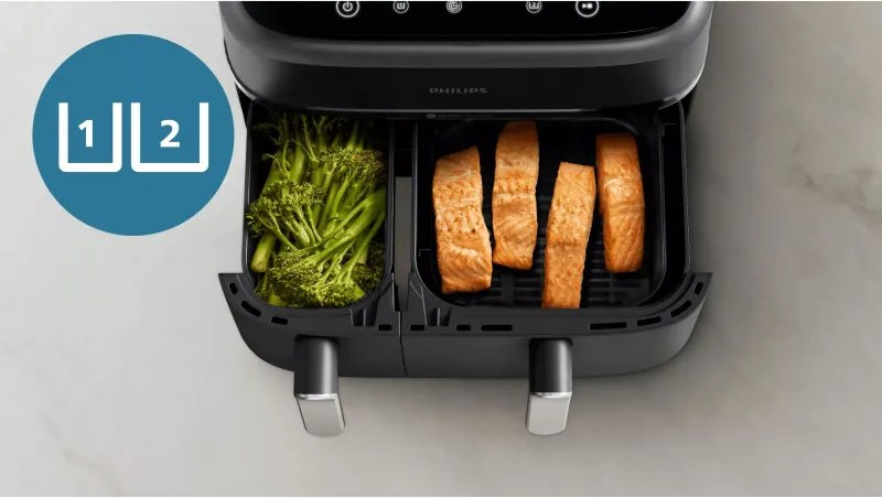 Friteuza dubla cu aer cald Philips NA351/00, 2750 W, 6+3 l, 80-200°C, 1,5 kg, 8 programe, Ecran tactil, Copiere si sincronizare, Negru/Argintiu