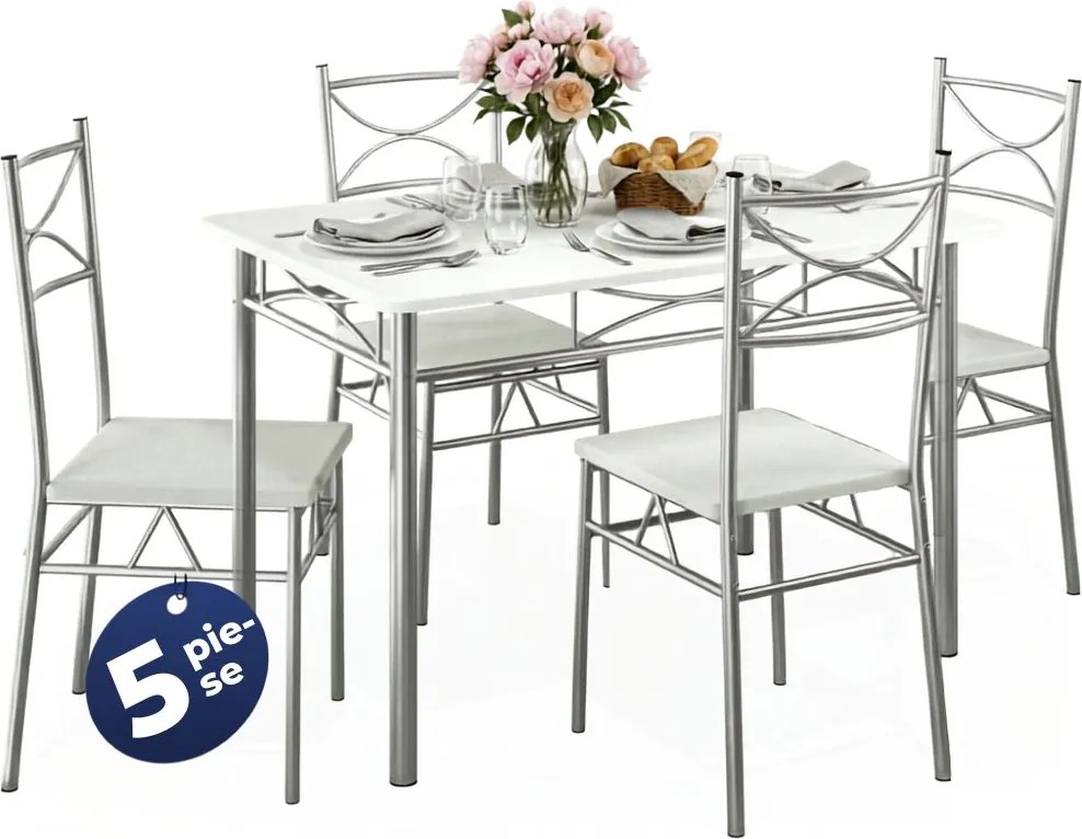 Set de mese de dining PAUL, 5 bucăți, catifea albă Jurhan