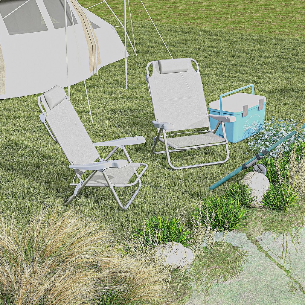Outsunny Set 2 Scaune de Camping Pliabile cu Tetieră Căptușită și Spătar Reglabil în 6 Poziții, 62x65x80 cm, Gri Deschis | Aosom Romania