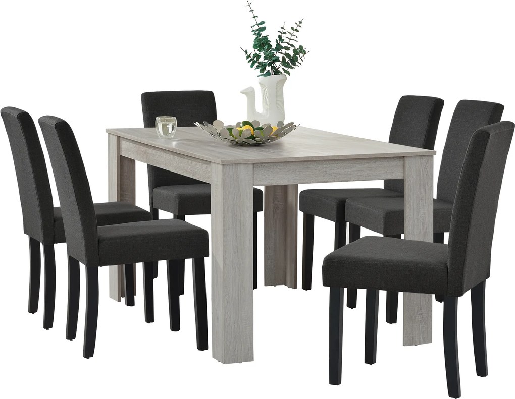 [en.casa]® Set Oak 3 masa bucatarie cu 6 scaune, masa 140 x 90 x 77 cm, scaun 90 x 37 x 48 cm, MDF/tesatura, multicolor pentru 6 persoane