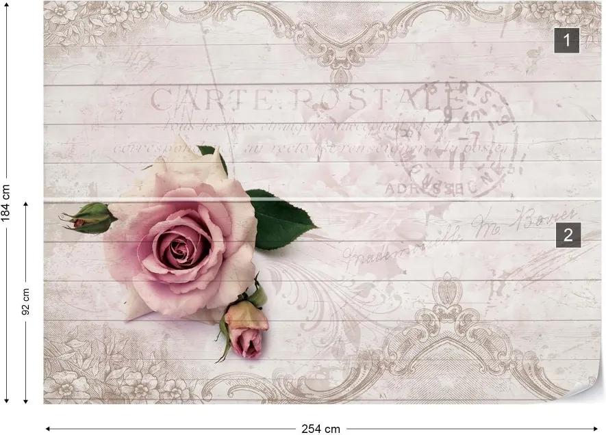 GLIX Fototapet - Pink Rose Vintage Design White Wood Texture Vliesová tapeta  - 254x184 cm