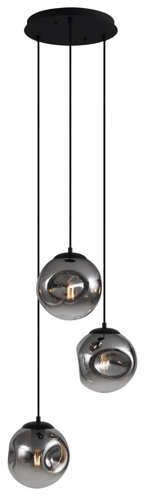 Lampă suspendată Art Deco neagră cu sticlă fumurie cu 3 lumini - Douglass