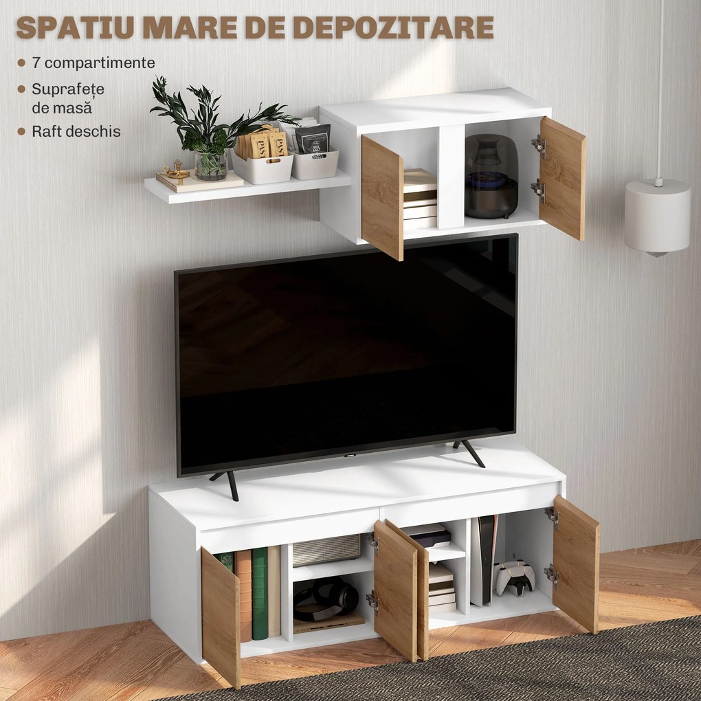 HOMCOM Set Mobilier TV și Dulap Suspendat cu 7 Rafturi și Raft Deschis, Mobilier pentru TV din PAL, 120x41x43,3 cm, Alb | Aosom Romania