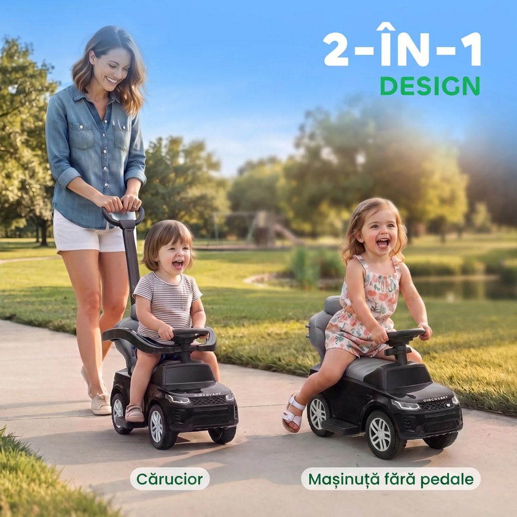 AIYAPLAY Mașinuță Ride-on Land Rover cu Mâner și Bară de Protecție, din PP și Oțel, 84 x 40 x 94,5 cm, Negru | Aosom Romania