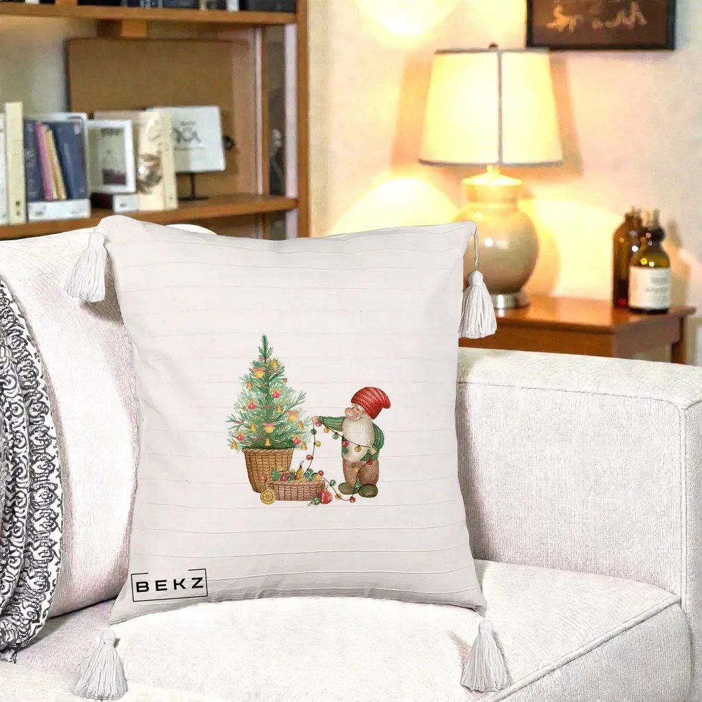 Perna Decorativa Pitic de Craciun cu Brad, 40x40 cm, Bej cu Franjuri, Husa Detasabila, Perna Inclusa, BEKZ®