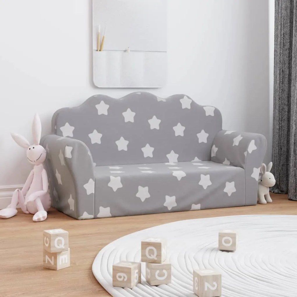 341863 vidaXL Canapea pentru copii 2 locuri, gri deschis cu stele, pluș moale