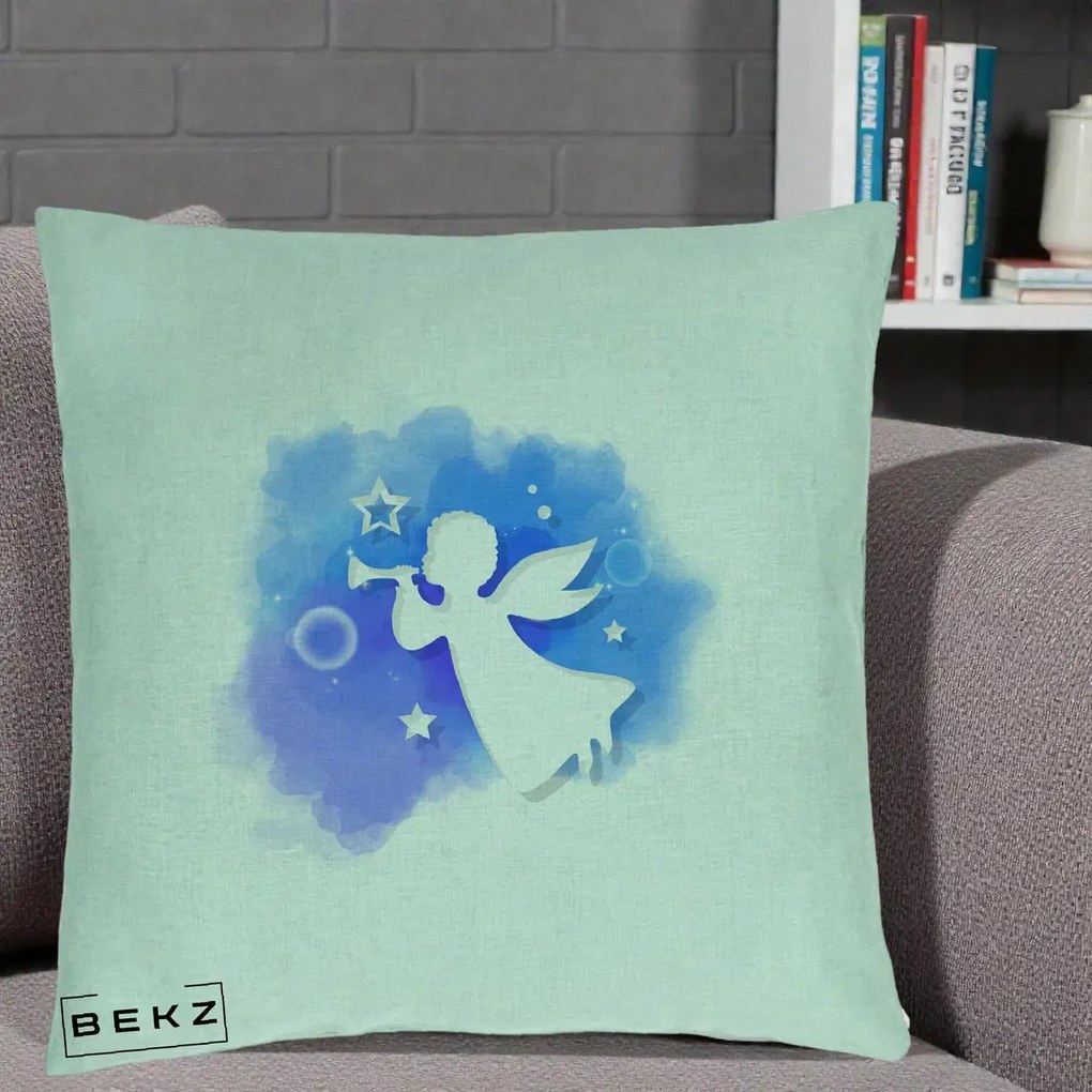 Perna Decorativa Inger cu Trompeta Albastru, 40x40 cm, Verde Menta, Husa Detasabila, Perna Inclusa, BEKZ®