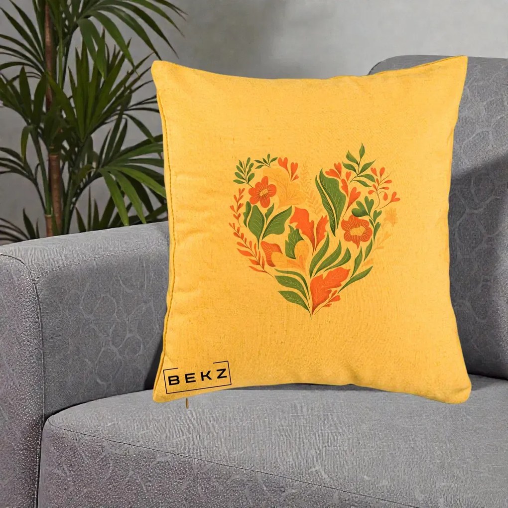 Perna Decorativa Inima Florala Botanica, 40x40 cm, Galben, Husa Detasabila, Perna Inclusa, BEKZ®