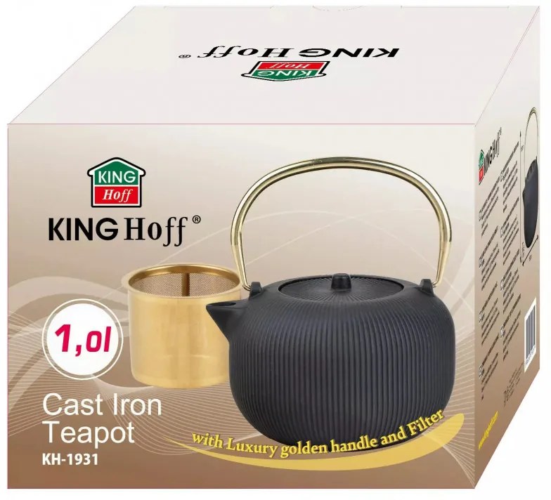 Ceainic din fonta cu infuzor Kinghoff KH 1931, 1 l, Fonta, Interior emailat, Negru