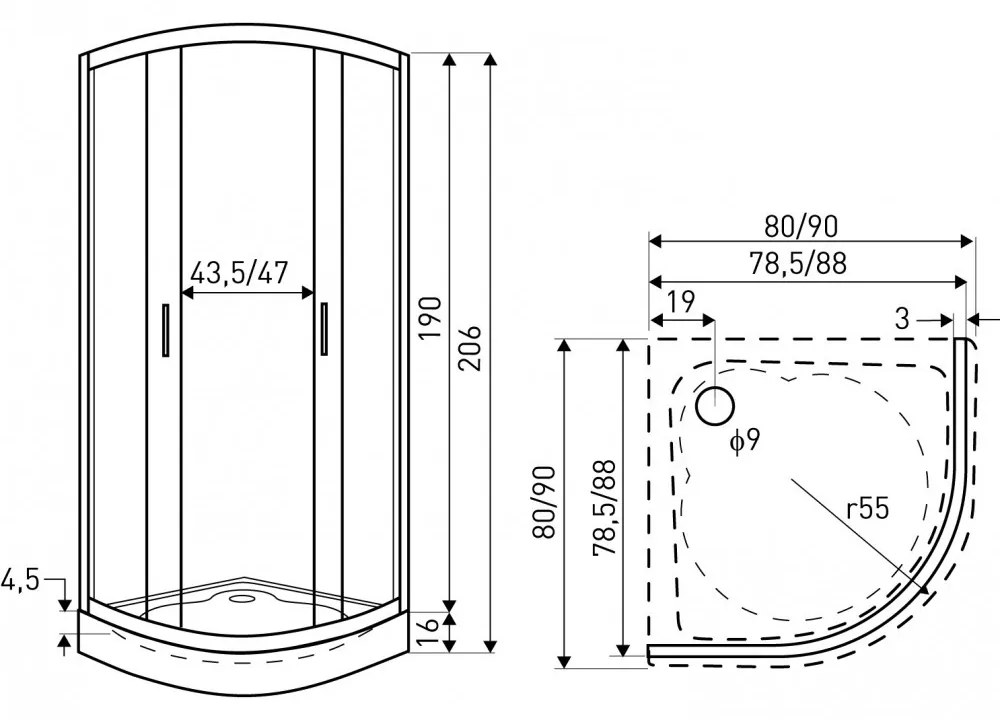Cabină de duș curbată Madera 90x90x190 fără cădiță