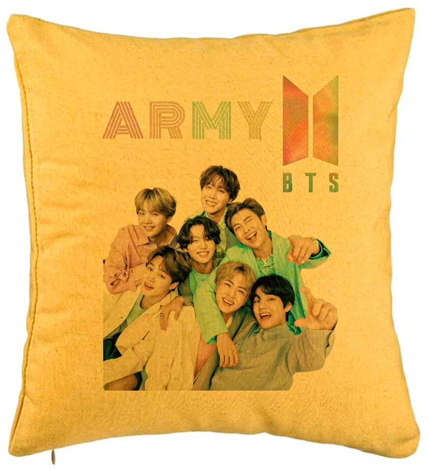 Perna Decorativa BTS Army cu Semnaturi 2, 40x40 cm, Galben, Husa Detasabila, Burduf