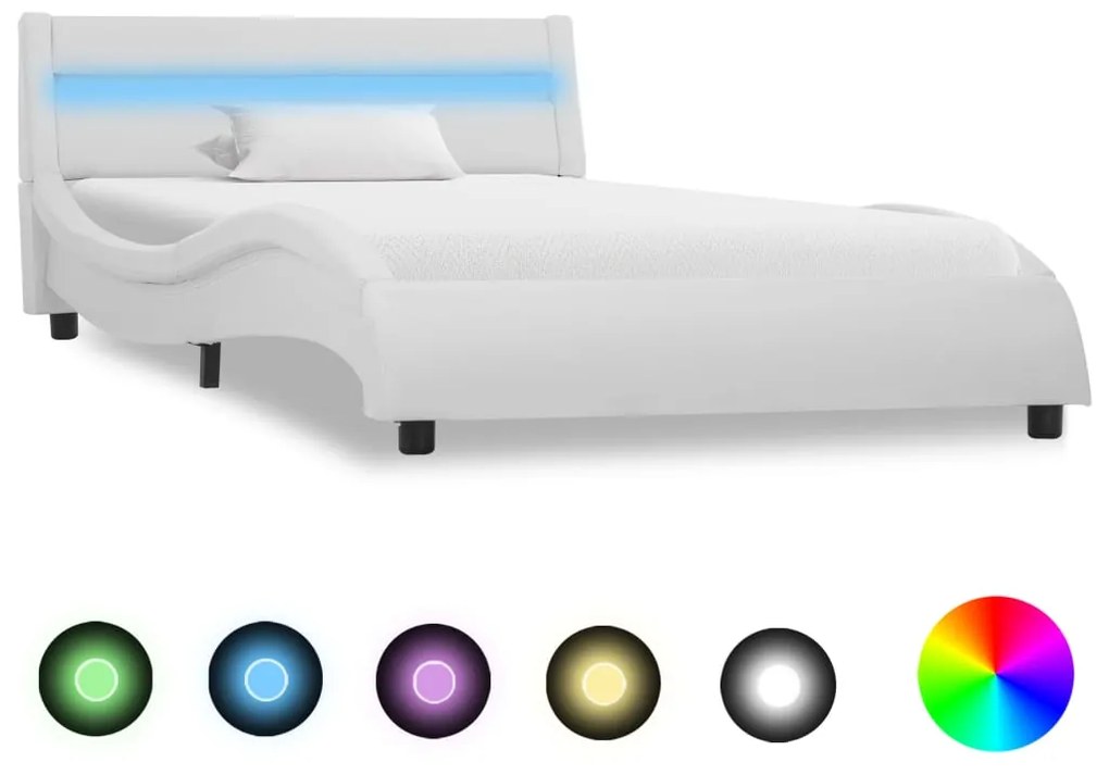 285673 vidaXL Cadru de pat cu LED, alb, 100 x 200 cm, piele ecologică