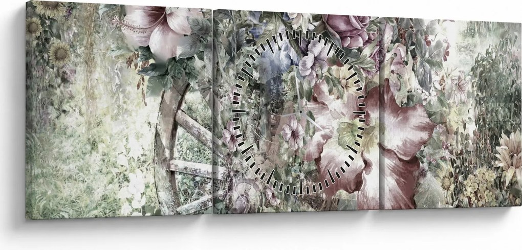 Tablou - Flori pe roata de lemn (cu ceas) (90x30 cm)