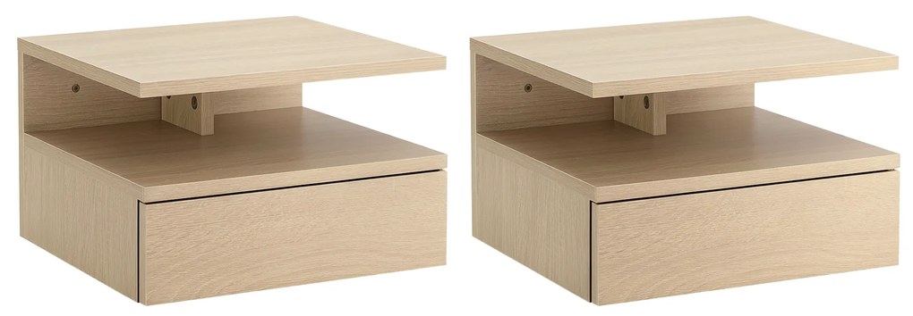 HOMCOM Set de 2 Noptiere Moderne Suspendate pentru Dormitor cu Sertar si Blat din Lemn 35x32x22.5cm, Stejar | Aosom Romania