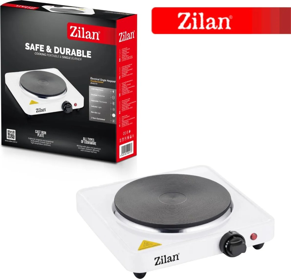Plita electrica ZILAN Alb ZLN2173, 1500 W, 26 x 26 x 9.5 cm, 1 arzator, cu 5 trepte de reglaj,