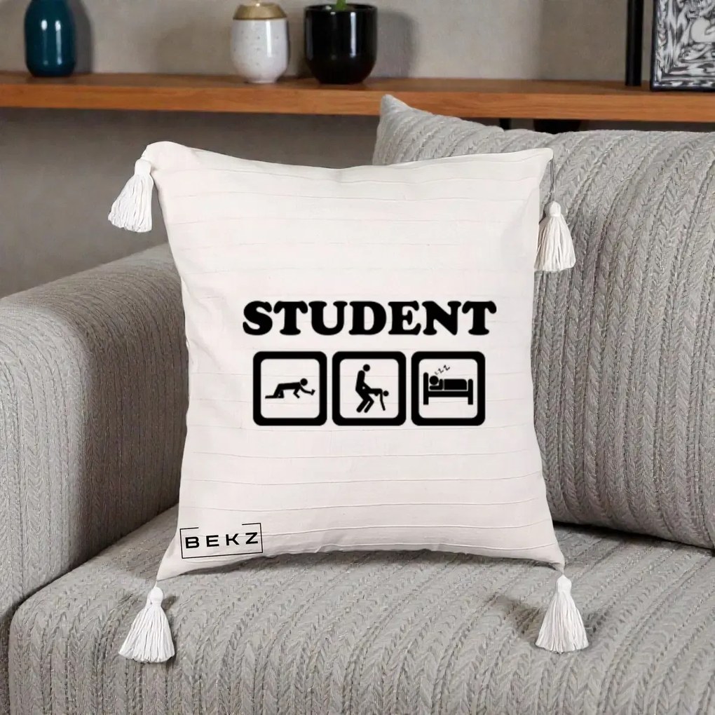 Perna Decorativa Student Life, 40x40 cm, Bej cu Franjuri, Husa Detasabila, Perna Inclusa, BEKZ®