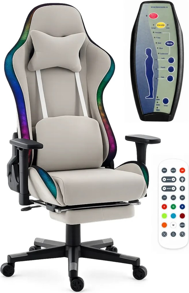 Scaun Gaming cu Masaj 7 Puncte și Încălzire, RGB, Iluminare LED Multicolor, Telecomenzi, Cotiere 3D, Reclinare 180°, Suport Picioare, Catifea, Gri