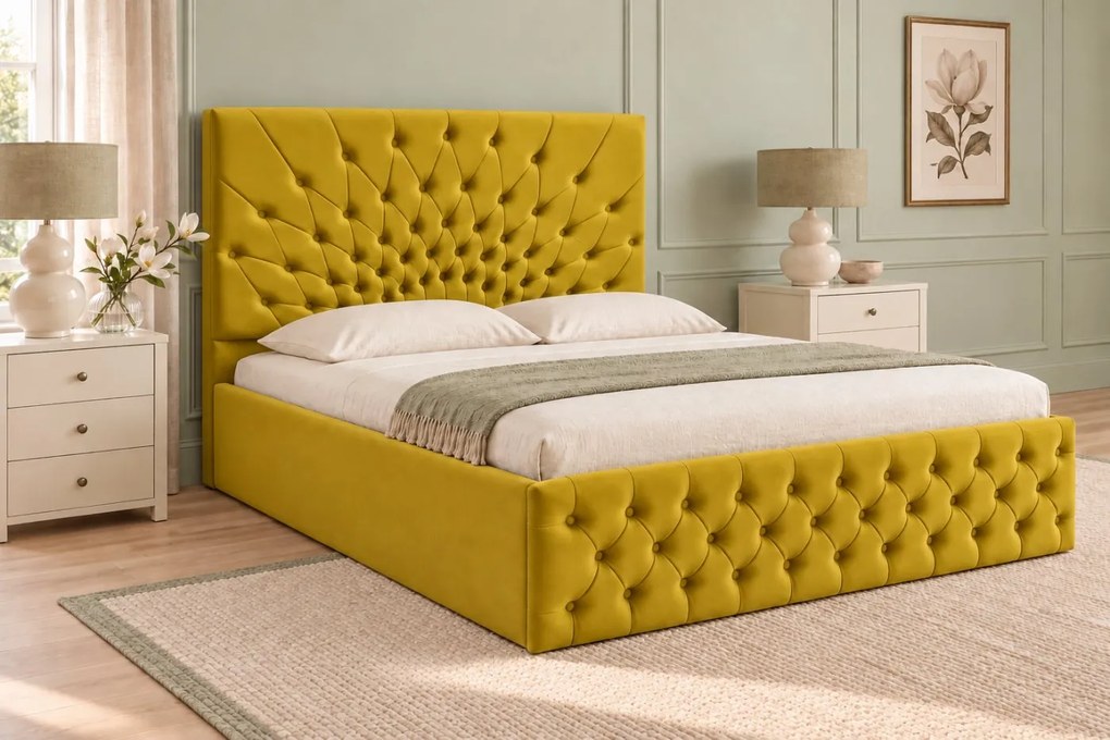 Pat tapițat Chesterfield din catifea Venezia 180×200 cm, galben muștar, cu ladă de depozitare