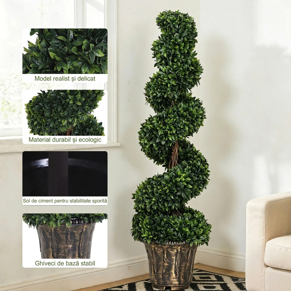 Outsunny Plantă Artificială Decorativă Buxus în Spirală cu Ghiveci Inclus, Ф32x120 cm, Verde | Aosom Romania