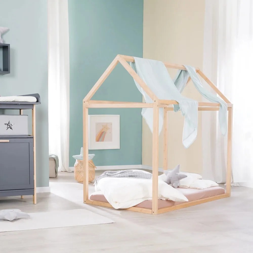 Pat pentru copii în culoare naturală de tip casă din bambus cu saltea/fără somieră 70x140 cm House Bed – Roba