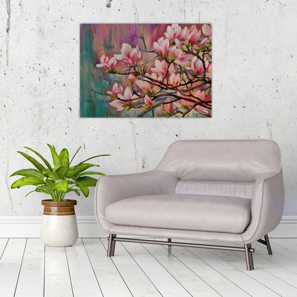 Tablou pe sticlă - Pictură în ulei, Sakura în floare (70x50 cm)