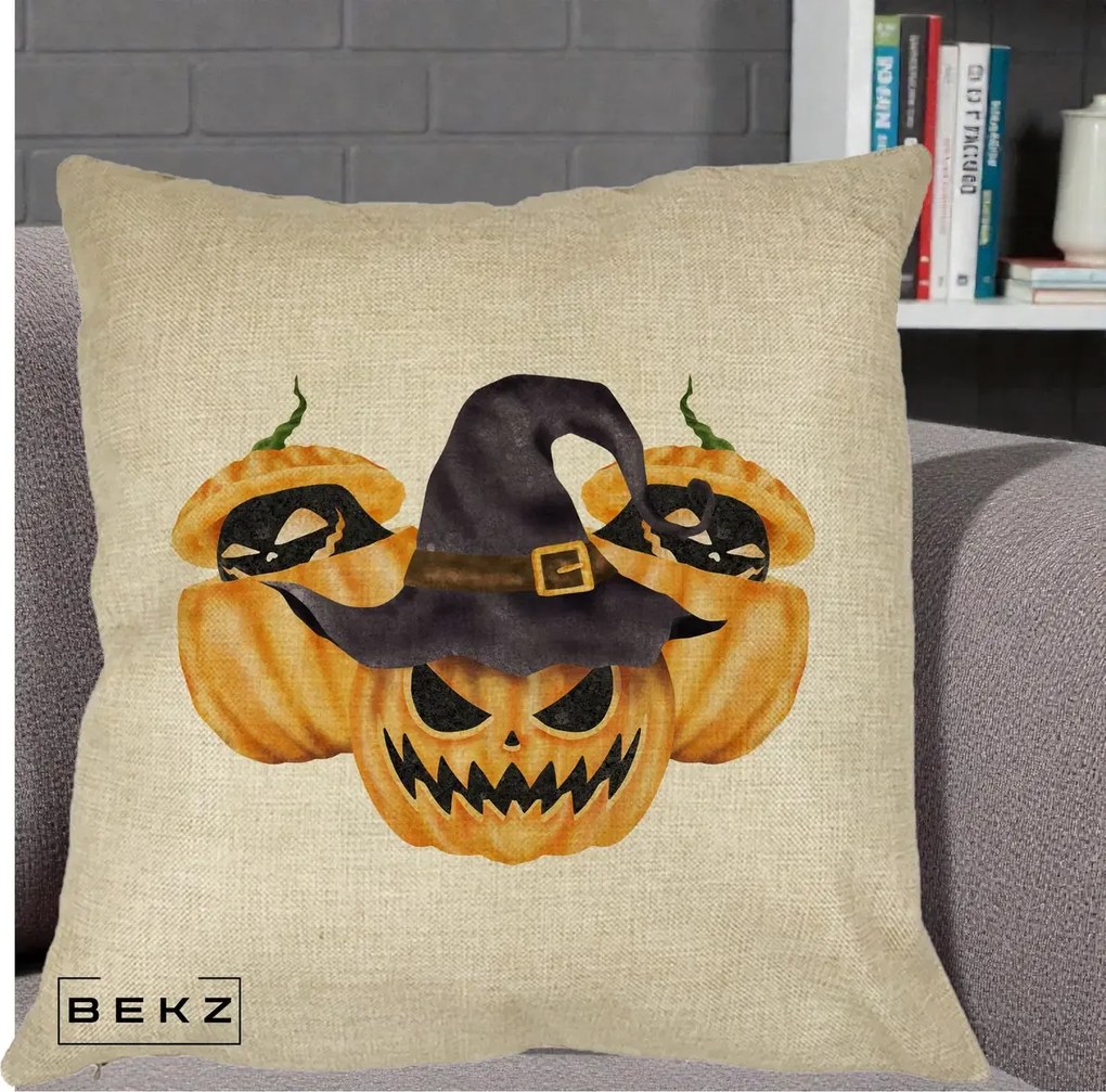 Perna Decorativa Trio Dovleci Jack-o-Lantern cu Palarie Vrajitoare, 40x40 cm, Crem, Husa Detasabila, Perna Inclusa, BEKZ®