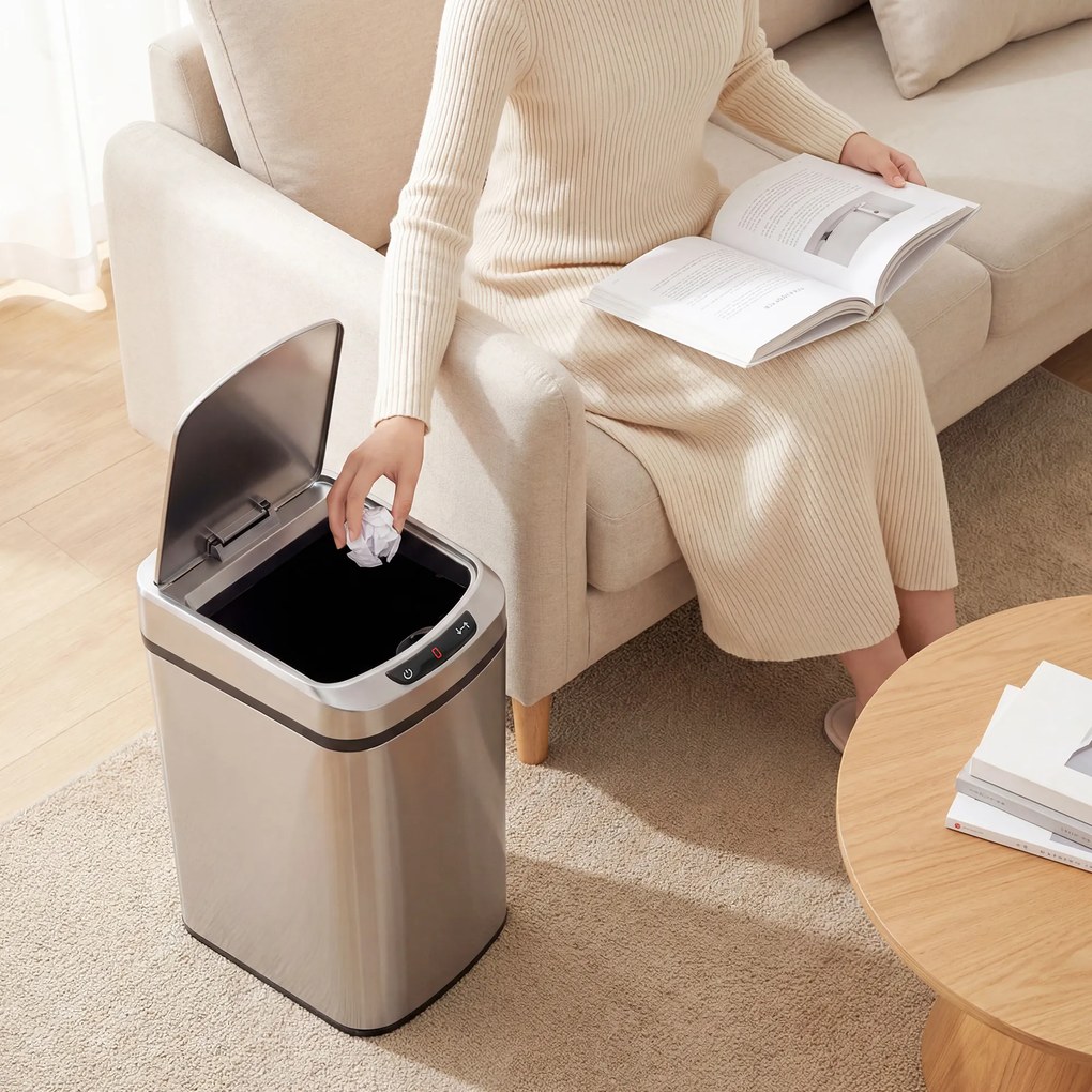 HOMCOM Coș Gunoi 12L cu Senzor Infraroșu, Buton Touch și Găleată Detașabilă, Coș de Gunoi din Oțel Inoxidabil, ABS și PP, 28x22x41 cm, Argintiu | Aosom Romania