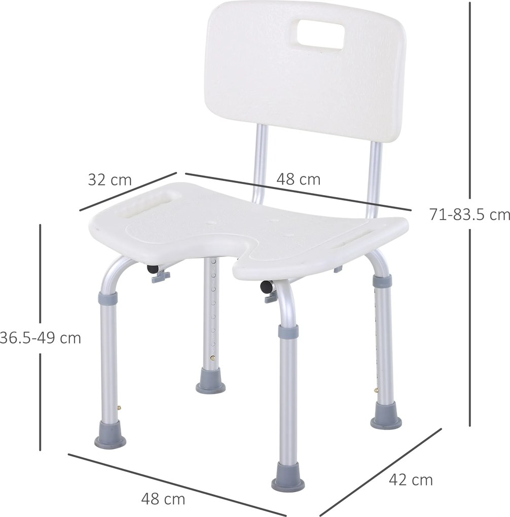 HOMCOM Scaun de Duș Reglabil pe 8 Nivele cu Orificii de Drenaj și Șezut în Formă de U, 48x42x71-83,5 cm, Alb | Aosom Romania