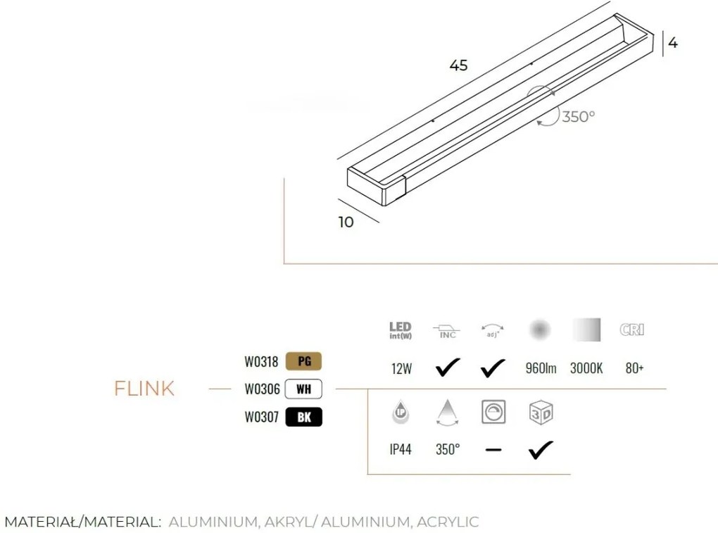 Aplica de perete baie cu protectie IP44, FLINK L-45cm, negru