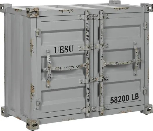 Masă consolă industrială din metal, gri, cu 2 uși, sertar, suporturi pentru sticle și colțare metalice, finisaj antichizat, 64 x 77 x 41 cm, „Cargo”