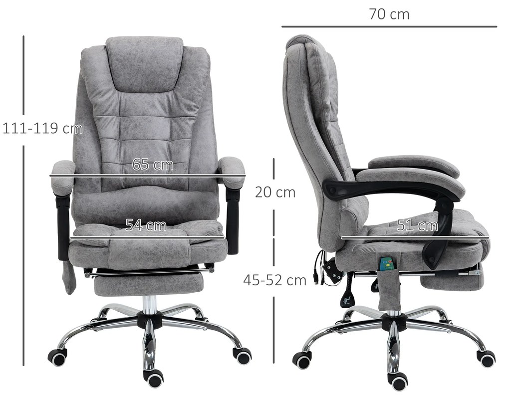 Vinsetto Scaun de birou director de masaj încălzitor înălțime reglabilă spătar înclinabil microfibră gri | Aosom Romania