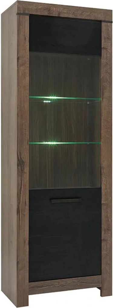 Vitrina BALIN, stejar/negru, PAL/sticla, cu iluminare LED, 68x40x197 c