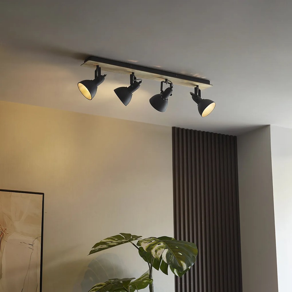 Spot de tavan negru cu lemn, cu 4 lumini, rotativ și înclinabil - Jakub