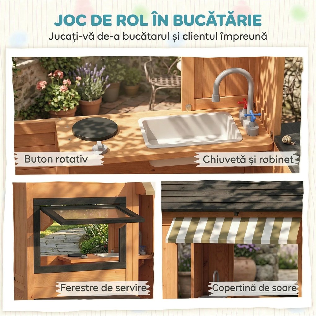 AIYAPLAY Căsuță de Grădină pentru Copii din Lemn de Brad, Căsuță pentru Exterior cu Bucătărie, 4 Ferestre, Ușă Parțială, Bancă, Raft și Acoperiș, pentru Copii 3-8 Ani, 171.5x146x156 cm, Maro | Aosom Romania