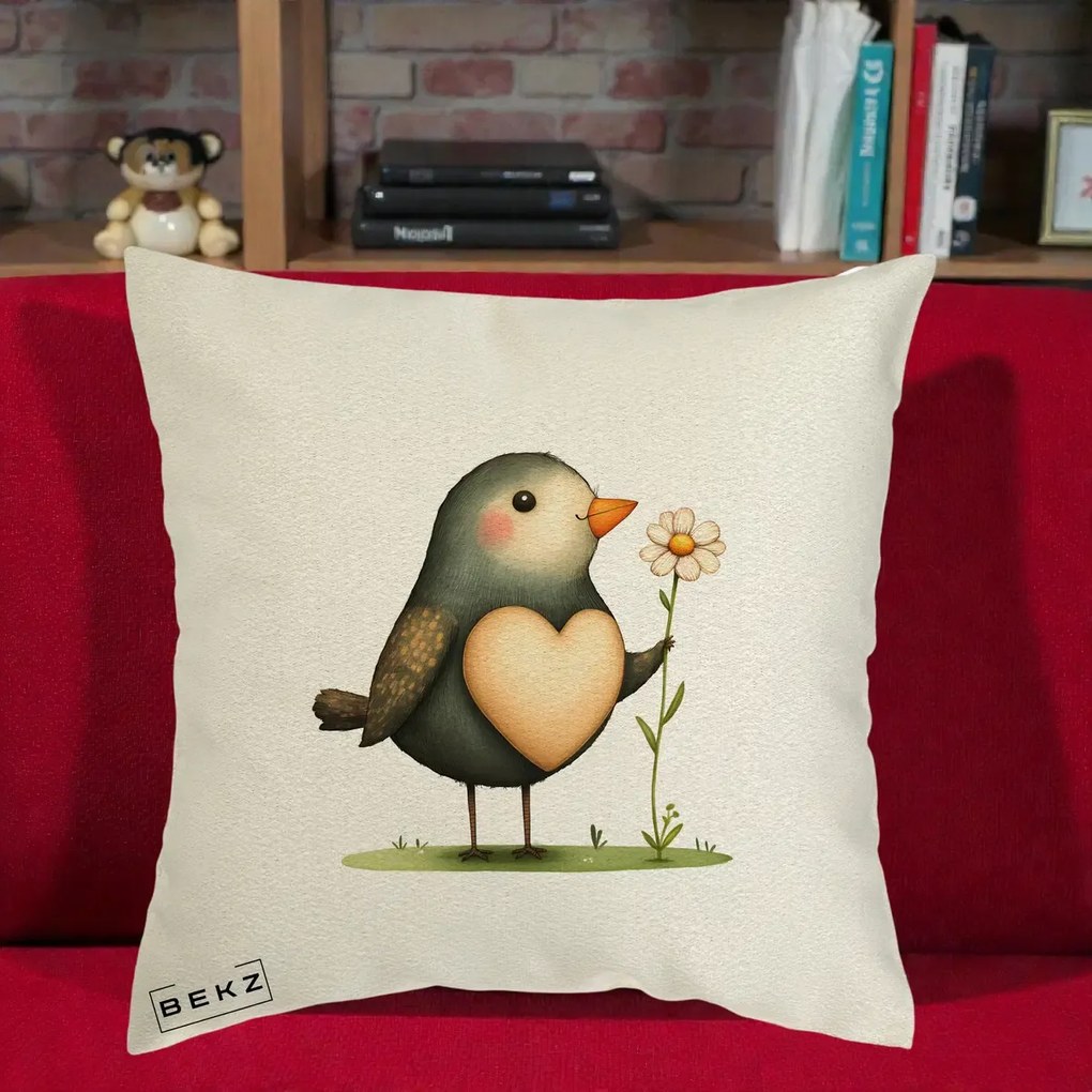 Perna Decorativa Pasare cu Inima si Margareta, 40x40 cm, Ecru, Husa Detasabila, Perna Inclusa, BEKZ®