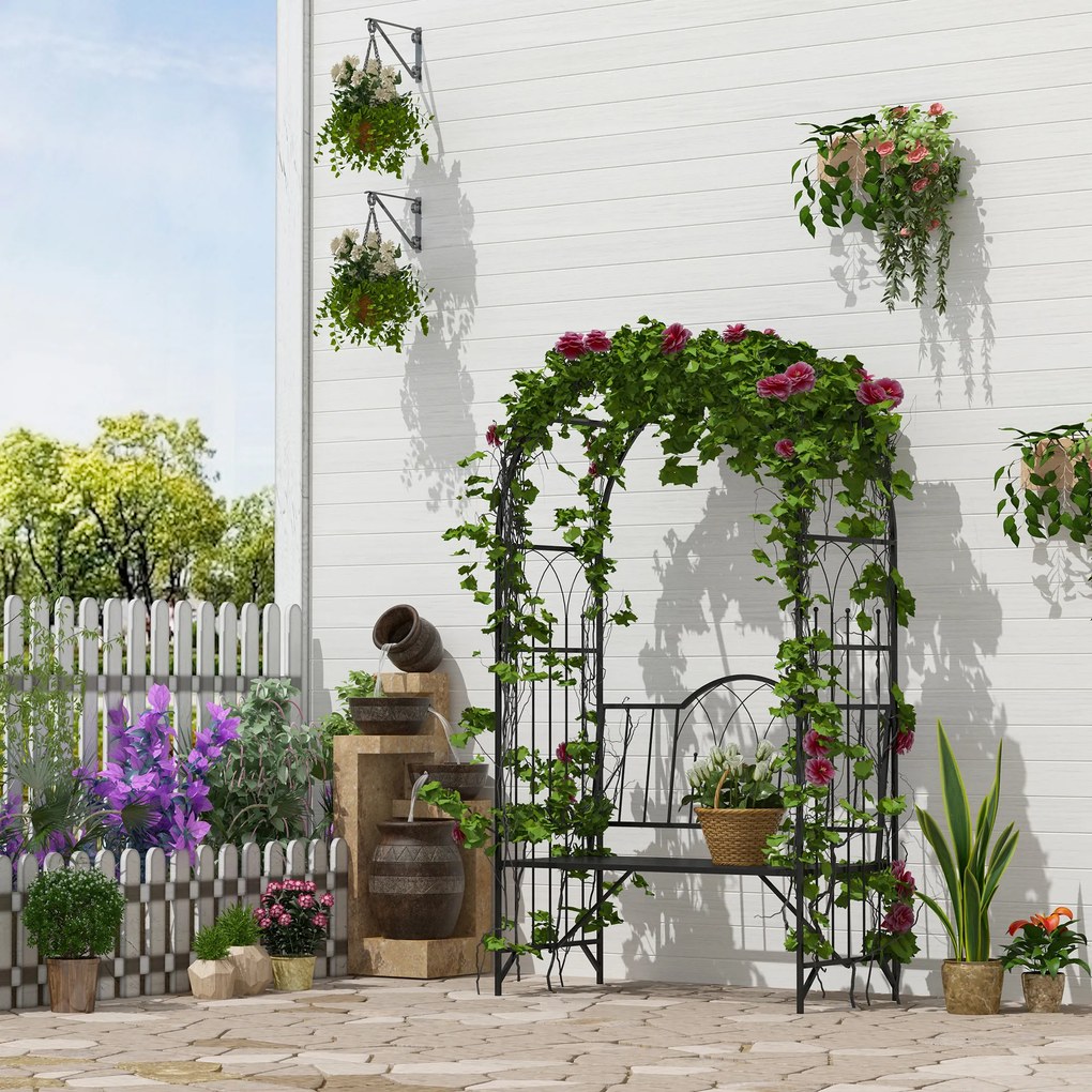 Outsunny Bancuta de Gradina cu Arc, 2 Locuri, cu Bolta pentru Flori Suspendate, Design Elegant, Rezistent la Intemperii, Negru | Aosom Romania