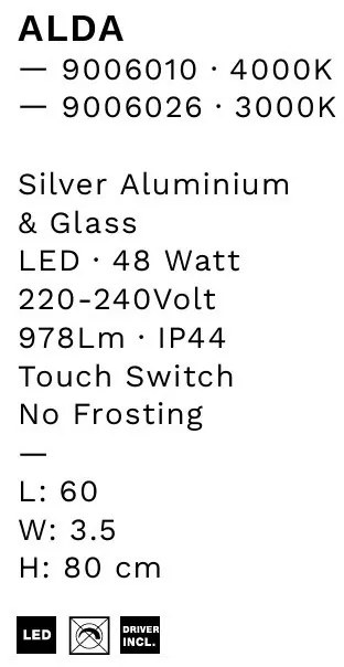 Oglinda cu iluminat LED IP44 3000K Alda, 60x80cm, NVL-9006026