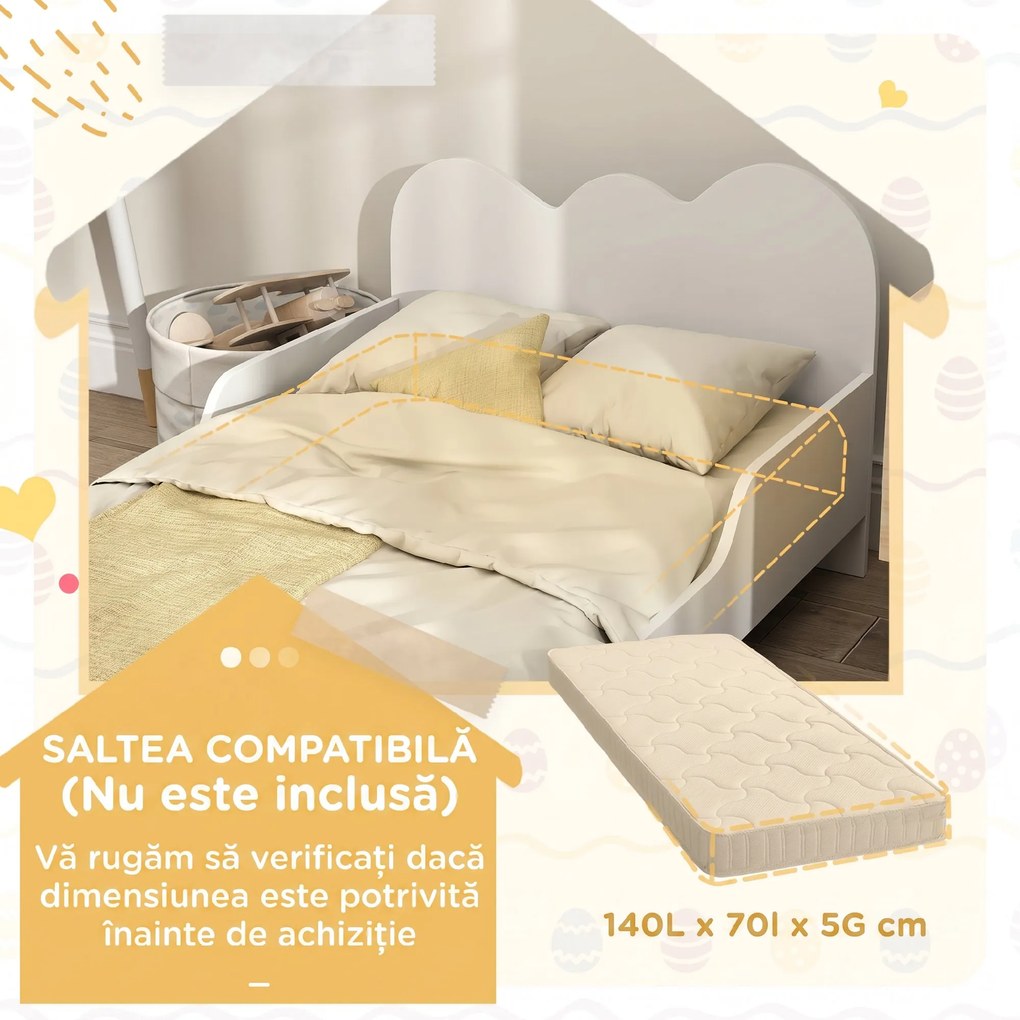 AIYAPLAY Pat Montessori pentru Copii 3-8 Ani, 143,5 x 74,5 cm, cu Bare Laterale Anti-Cădere, Model Norișor din Lemn, Alb | Aosom Romania
