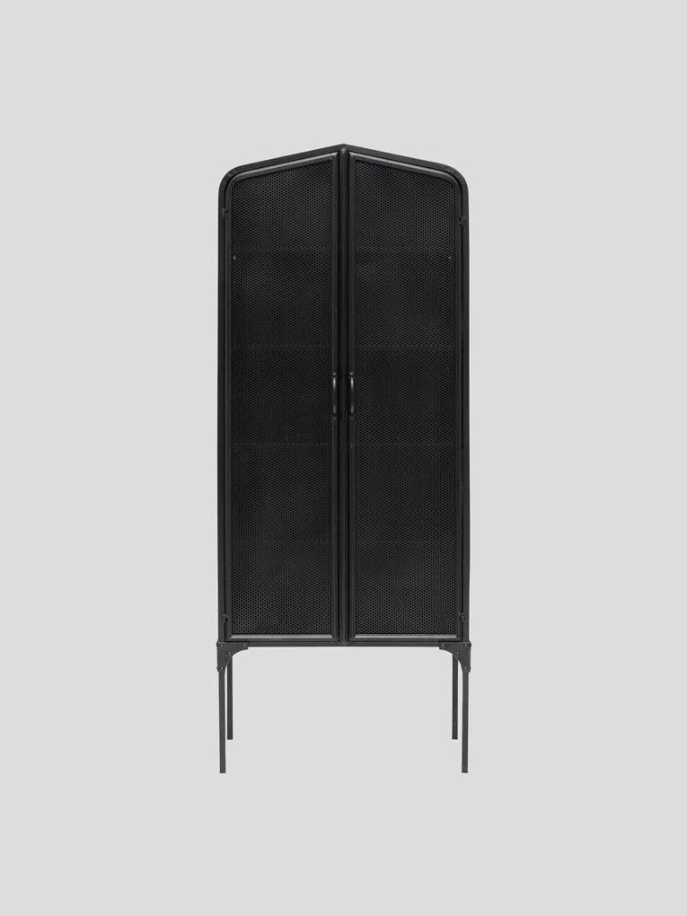 Dulap înalt cu rafturi industrial din metal, negru, cu 2 uși din tablă perforată, 10 rafturi și picioare înalte, 186 x 75,5 x 41,5 cm, „Melbourne”