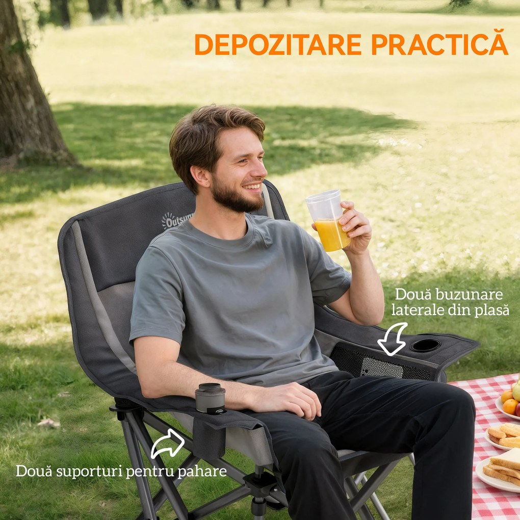 Outsunny Scaun de Camping Pliabil cu 2 Suporturi pentru Pahare și Buzunare Laterale, 99x71x103 cm, Gri | Aosom Romania