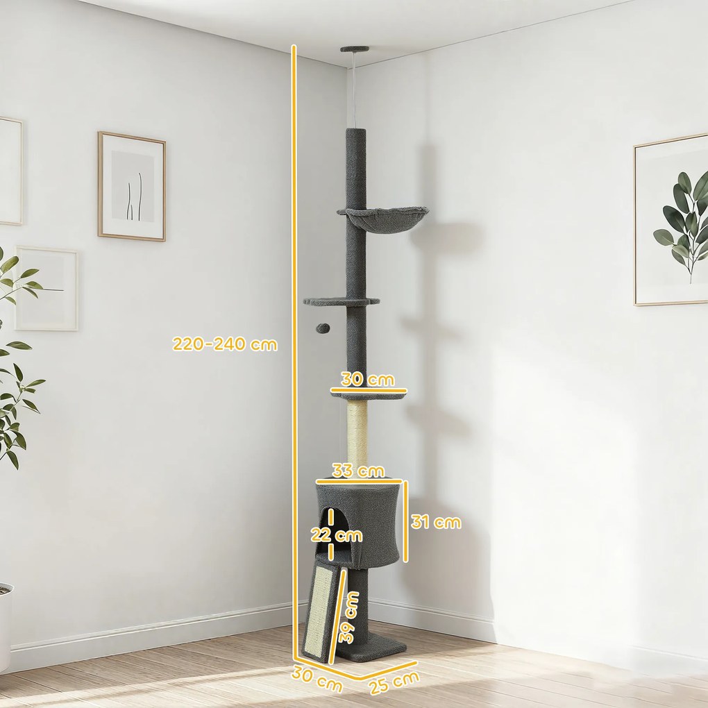 PawHut Ansamblu de joacă pentru Pisici Înalt 220-240 cm cu Hamac, Casetă, Platforme și Stâlpi din Sisal, Gri | Aosom Romania