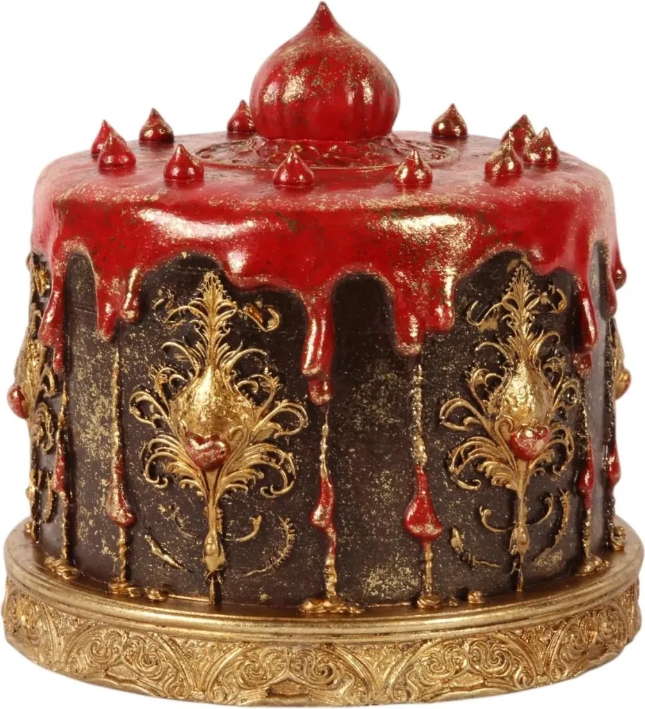Tort decorativ din polirășină, maro și roșu, cu glazură roșie și ornamente aurii, 20 x 21 cm, „Praline”